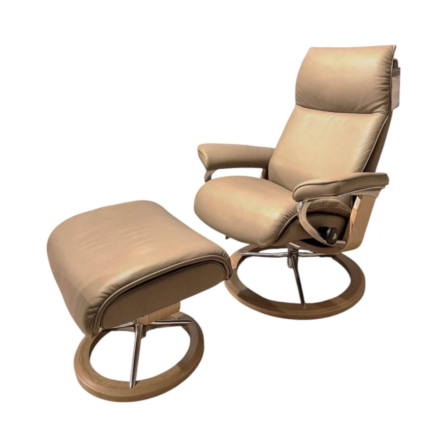 Stressless - Relaxsessel Aura S Leder Cori Mole Beige Gestell Signature Metall Chrom Holz Eiche Mit BalanceAdapt Inklusive Hocker - 1