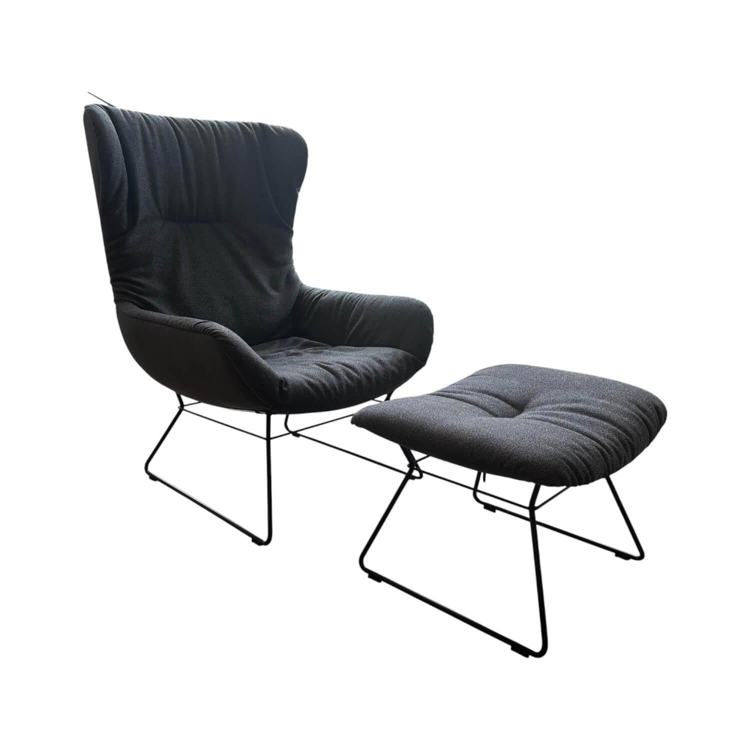 Freifrau - Sessel Leya Wingback Chair Innen Stoff Shake Walnut Braun Grau Außen Leder Muscat Carbon Braun Grau Mit Hocker - 1