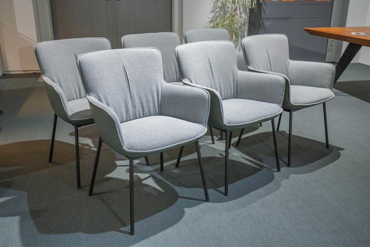 Rolf Benz - 6er-Stuhlset 655 Stoff Mittelfehgrau Außen Leder Grüngrau Gestell Schwarz - 7