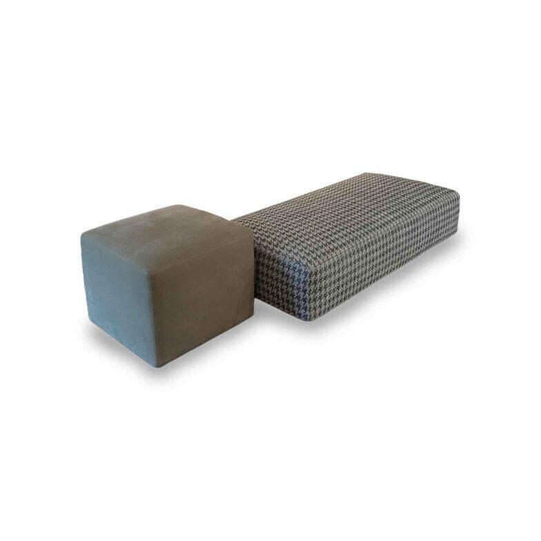 Minotti - 2er Set Hocker Damier Stoff H Kita 01 Cenere Grau Und Leder Pelle Lodge 01 Sabbia Beige Grau - 1