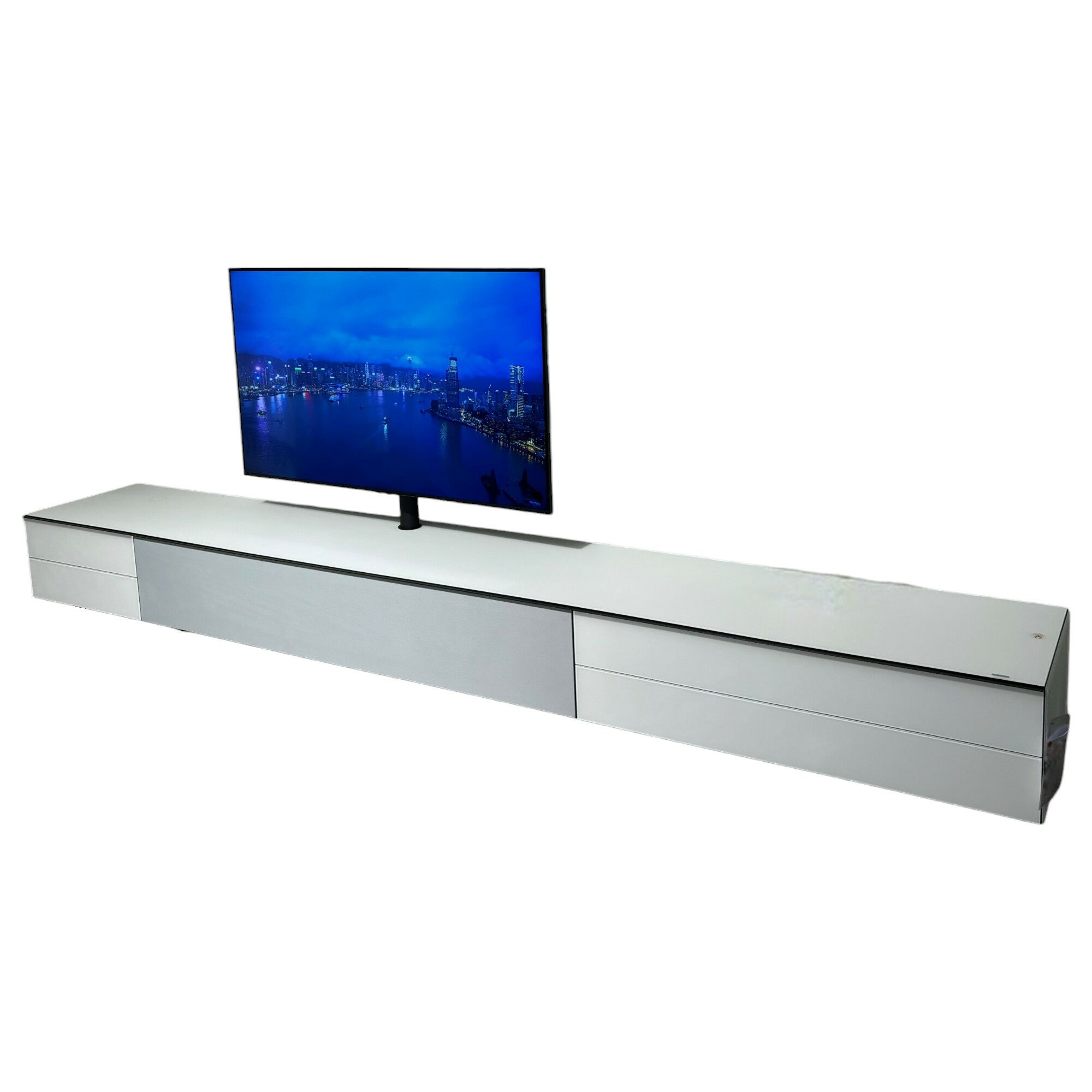 Spectral Smart Furniture - Lowboard Scala SC560 Glas SNG Snow Weiß Satiniert Griffe BG Black Schwarz Türen Mit Textilgewebe Inklusive Soundsystem - 1