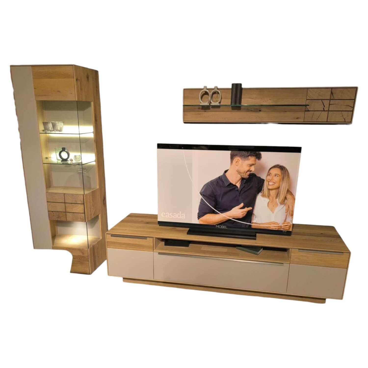 Decker - Wohnkombination Carson Asteiche Massiv Bianco Geölt Front Akzent Glas Schlamm Satiniert Inklusive LED Beleuchtung - 1