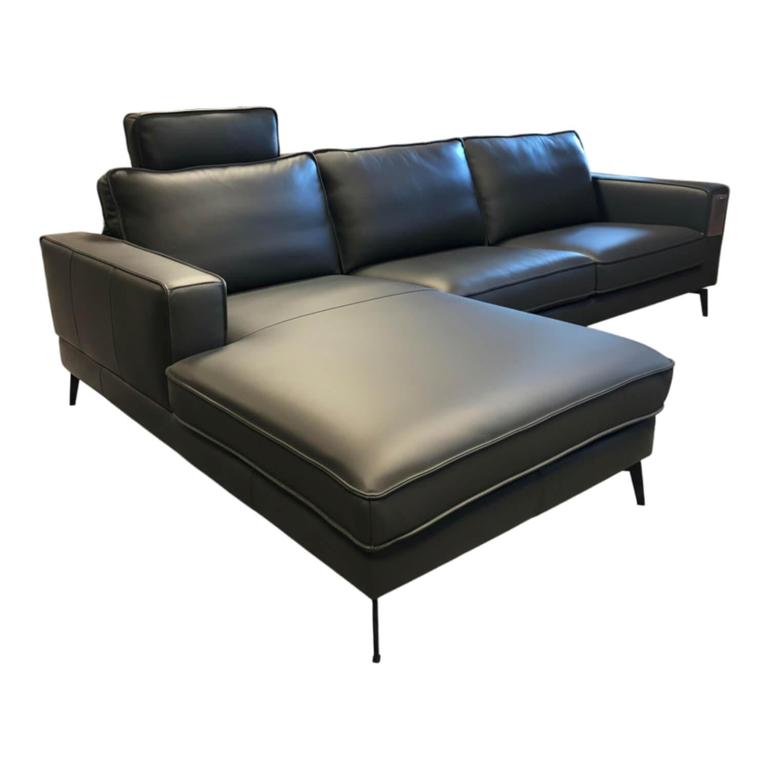 DFM - Ecksofa Beluga Leder WM Anthrazit Metallfüße Schwarz mit Kopfstütze - 1