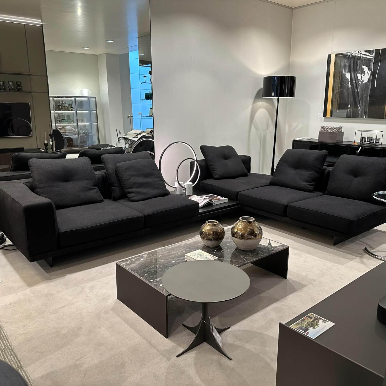 Minotti - Ecksofa Dylan Stoff Ginza 09 Nero Schwarz Basis Leder Nabuk 33 nero Schwarz Kufen Aluminium Zinnfarben Lackiert - 5