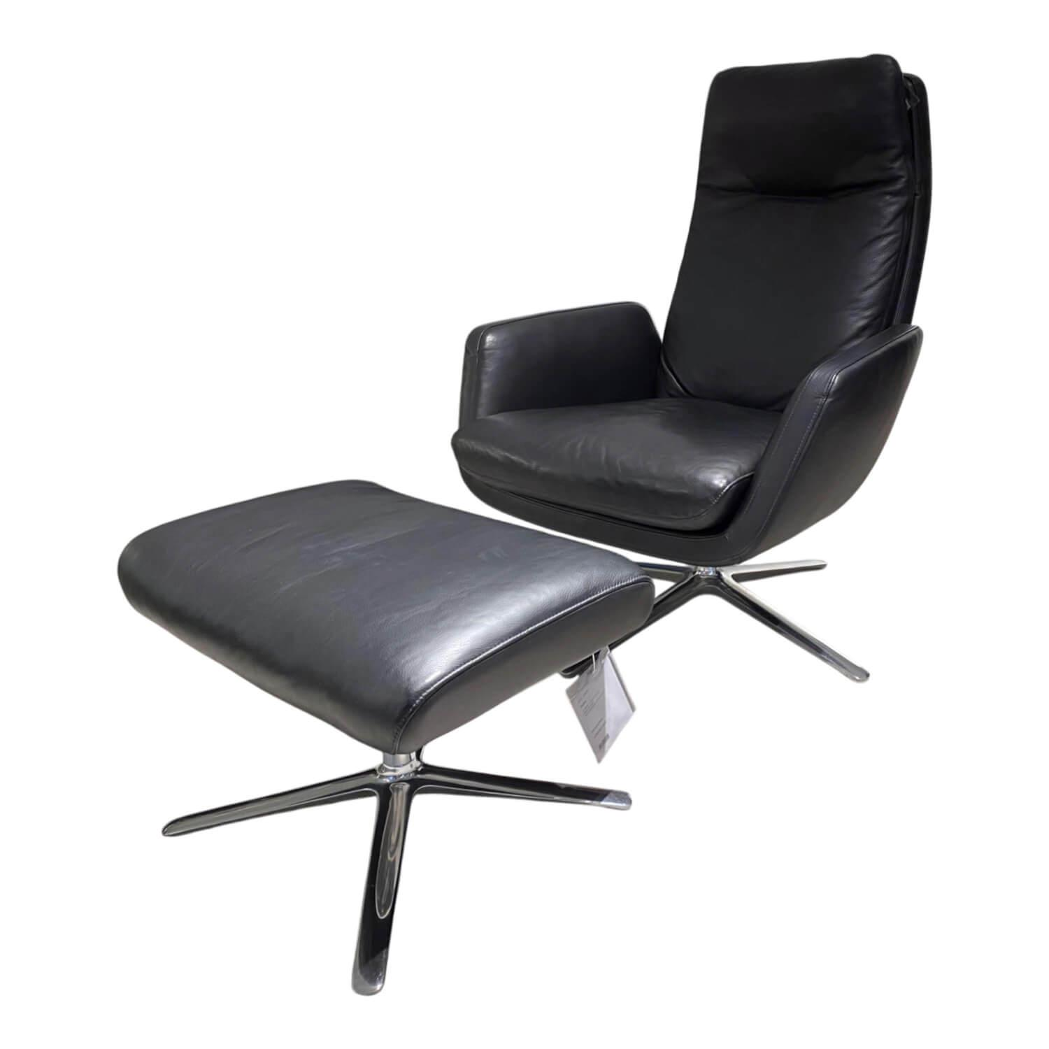 COR - Drehsessel Cordia Leder 286 Schwarz Gestell Aluminium Poliert mit Hocker - 1