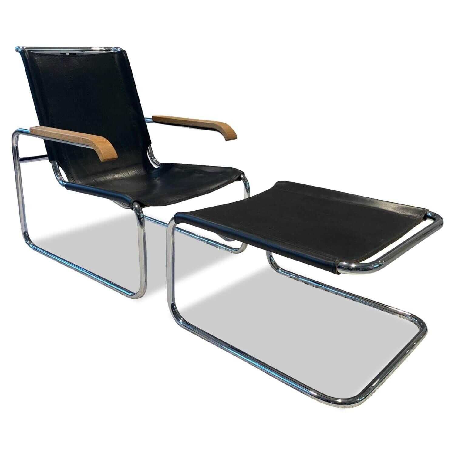 Thonet - Sessel S35 L Kernleder Natur Schwarz Eiche Geölt Stahlrohr Chrom mit Hocker - 1