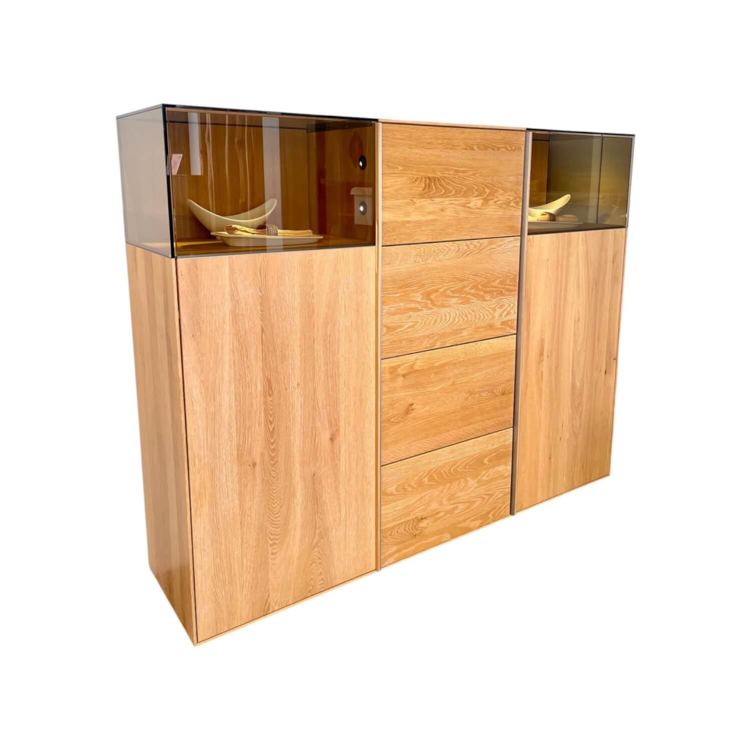 Wimmer - Sideboard Saluto Asteiche Bianco Geölt Glaselemente Braunglas Inklusive LED Beleuchtung - 1