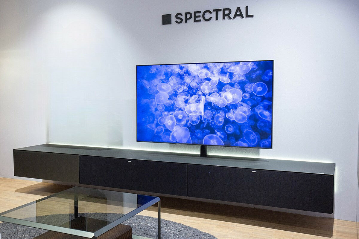Spectral Smart Furniture - TV Board Ameno Colour Glas Granit Schwarz Grau Und Akustikstoff Fronten Mit Indirekte Beleuchtung Inklusive Medienpaket - 2