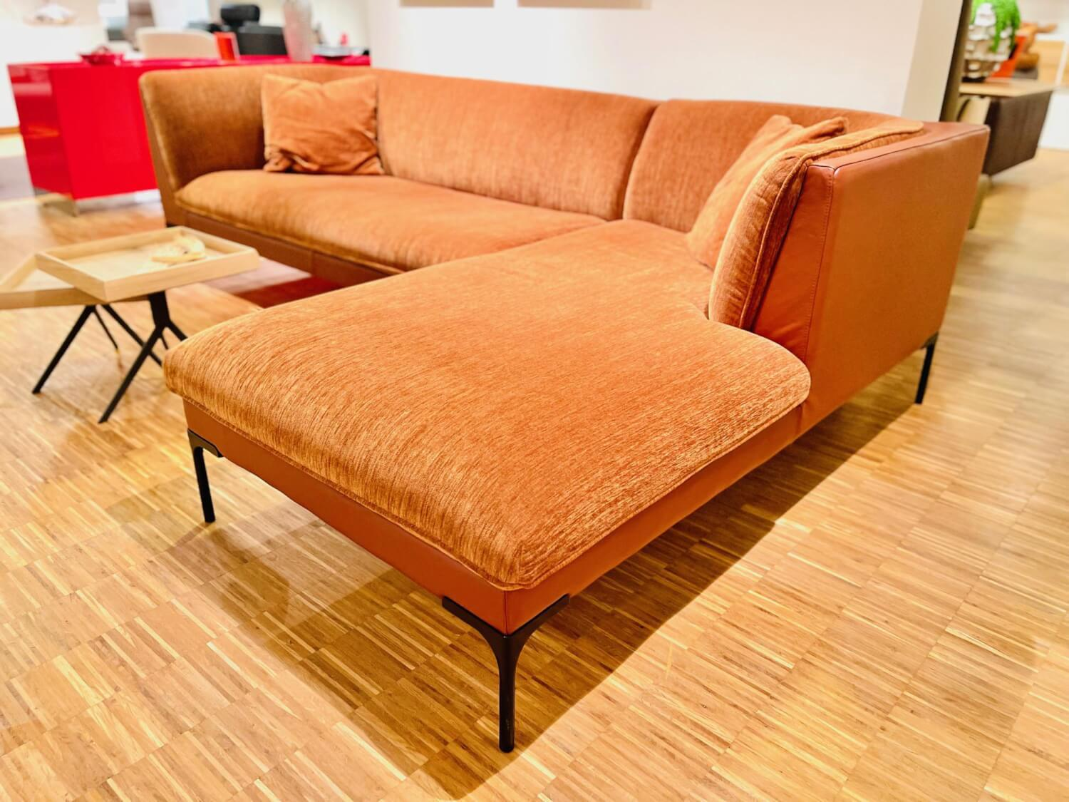 Sits - Ecksofa Frej Stoff Chenille Und Echtleder Cognac Orange Braun Winkelfüße Metall Schwarz - 5