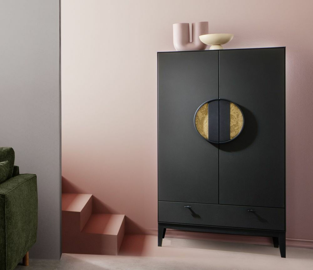 Die Hausmarke - Highboard Jyn Lack Schiefer Schwarz Griffapplikation Gold Gestell Holz Schwarz Mit Beleuchtung - 3