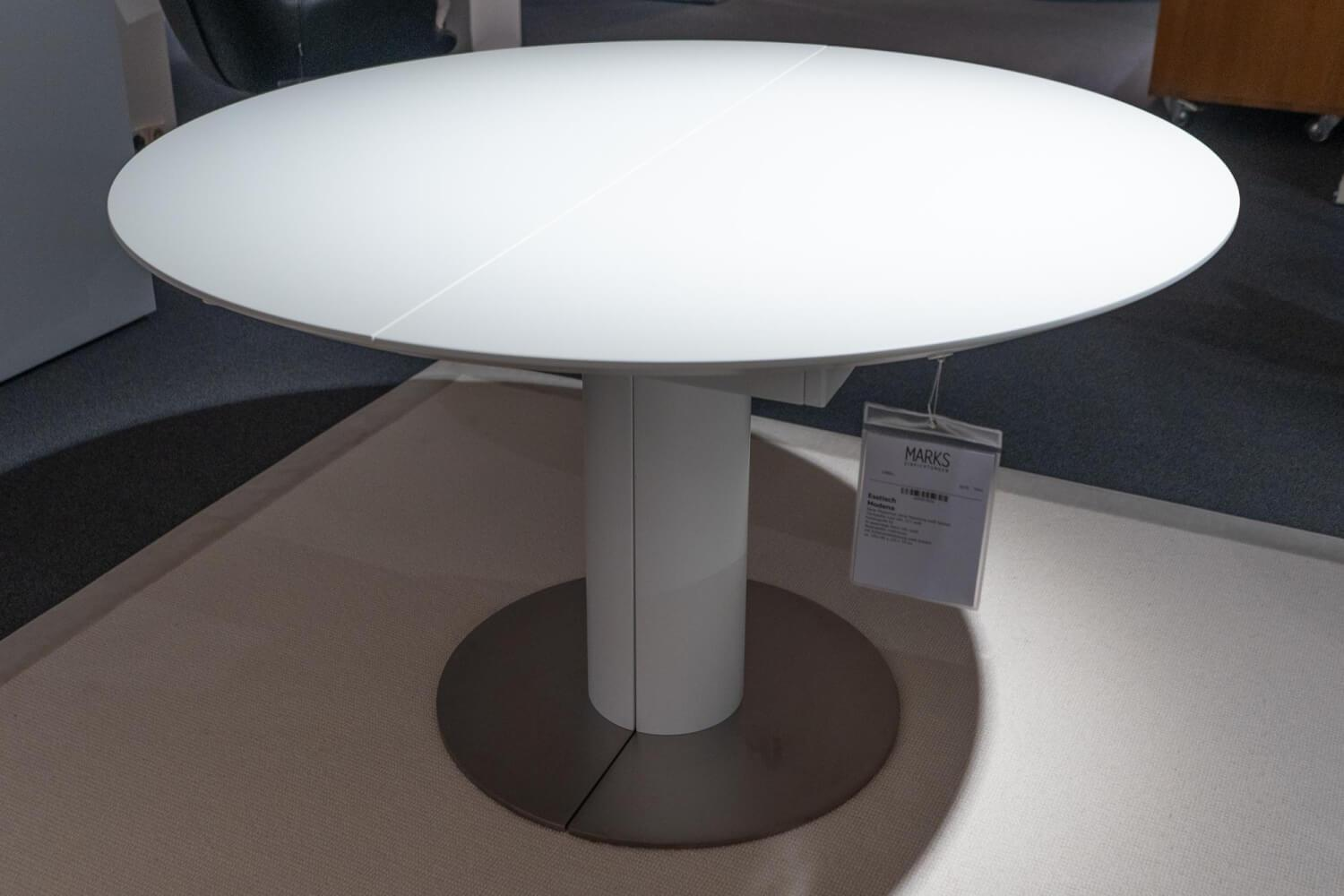 Esstisch Modena Säule Tischplatte Massivholz Weiß Lackiert Ohne Maserung Bodenplatte Mattchrom Mit Auszug