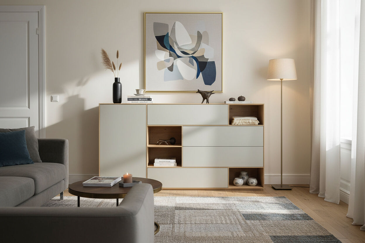 Rodam - Sideboard Sigma Eiche Weiß Geölt Satinierstes Glas Hellbeige - 6