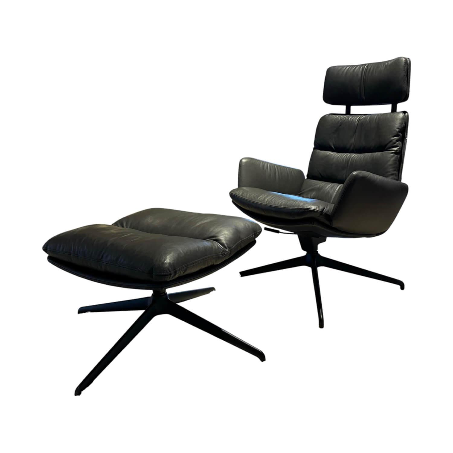 KFF - Sessel Arva Lounge Leder Sauvage 8102 Anthrazit Drehgestell Metall Schwarz Inklusive Hocker Und Kopfstütze - 1