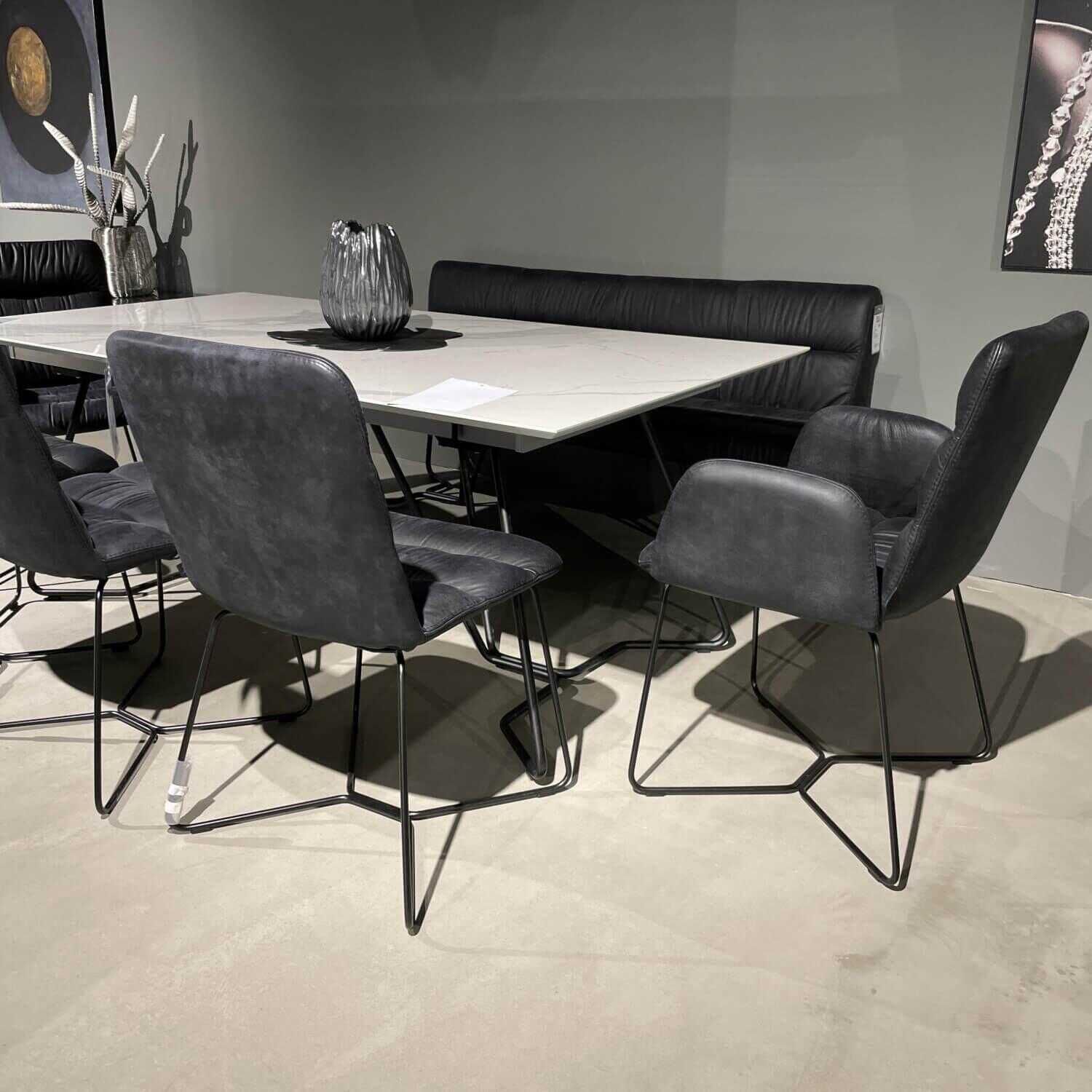 Esstischgruppe 7-teilig Tisch Keramik Edelweiß Ausziehbar 5 Stühle und Bank