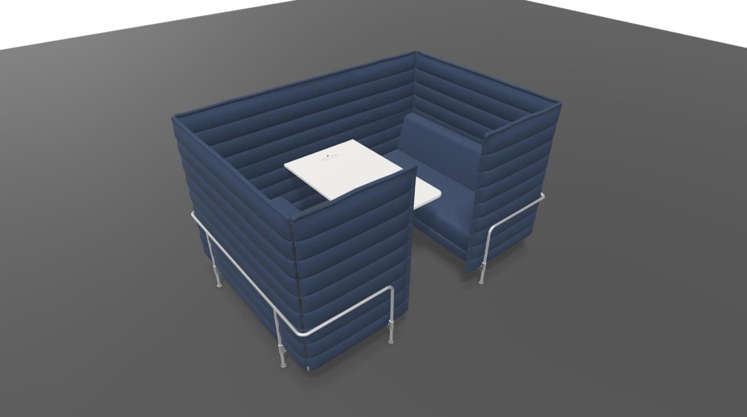 Vitra - Sitzkabine Alcove Cabin Highback Stoff Laser Dunkelblau Blau Moorbraun Braun Rahmen Glanzchrom Mit Tisch MDF Soft Light - 6