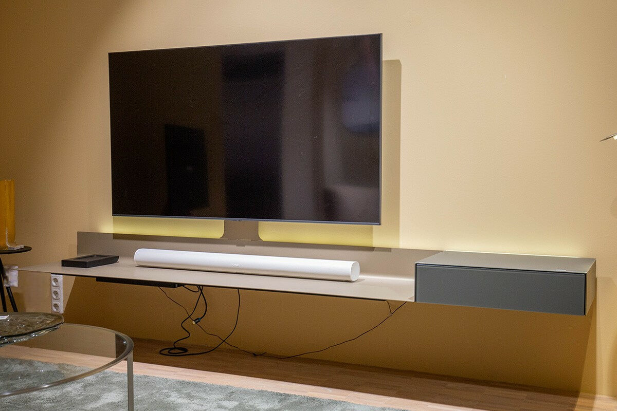 Spectral Smart Furniture -  Air-Board ARL 2000 Metall Champagne Matt Pulverbeschichtet Beige Grau Front und Auflage Colour Glas Granit Grau Inklusive Beleuchtung Und Mediaparket  - 4