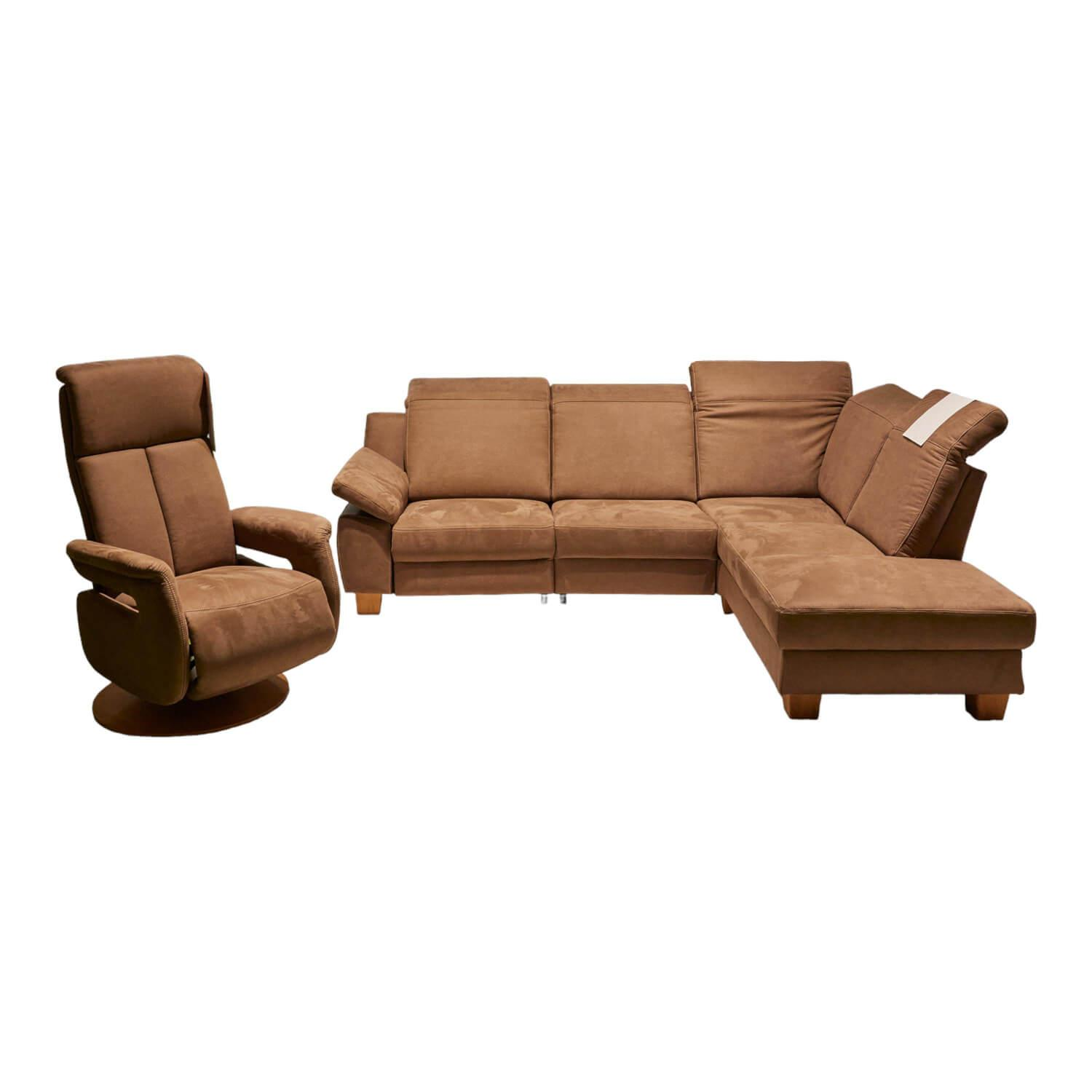 Modulmaster - Polstergruppe Eckgarnitur Menorca Comfort Stoff Maine Schoko 08143/18 Fuß Eiche Massiv Geölt Mit Relaxsessel RX 153 Dreamline Bezug 08143/18 Maine Schoko Tellerfuß Eiche Geölt - 1