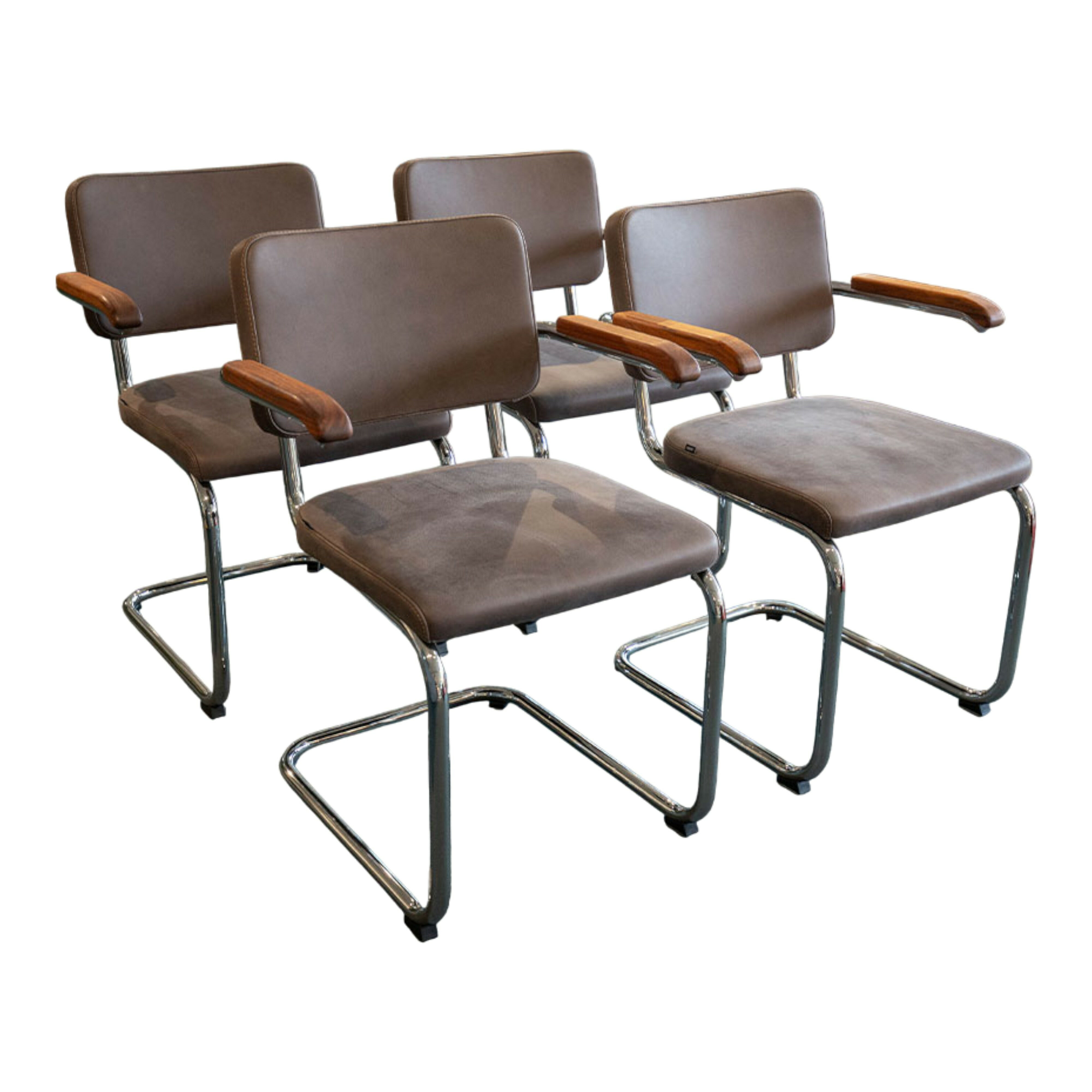 Thonet - 4er-Set S 64 PV Nubukleder Dunkelbraun Armauflage Nussbaum Geölt Gestell Chrom - 1
