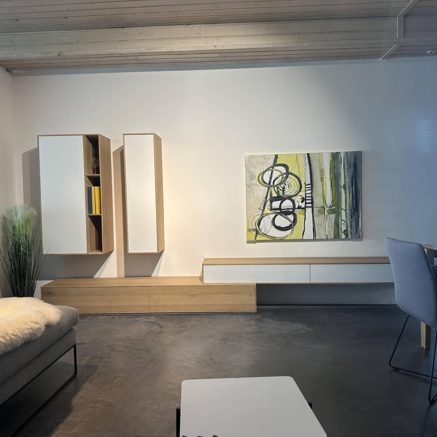 Rodam - Wohnwand Sigma Eiche Natur Weiß Pigment Geölt Und Glas Weiß - 7