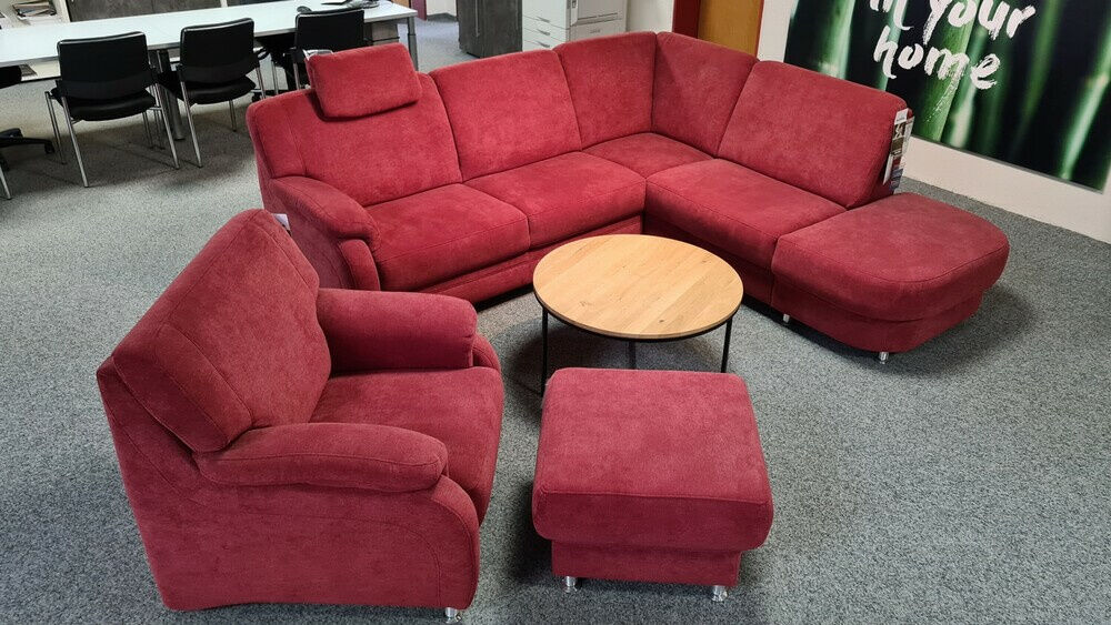 Zehdenick - Polstergarnitur KS 4975 Stoff Charly Red Rot Fuß Metall Alufarbig Silber Inklusive Hocker - 6