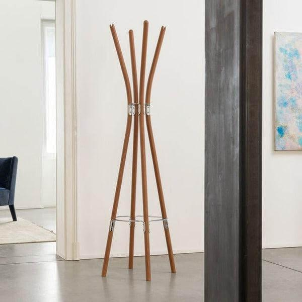 Kleiderständer Poele Hanger Buchenholz Braun Getönt Einsätze Metall Verchromt Poliert