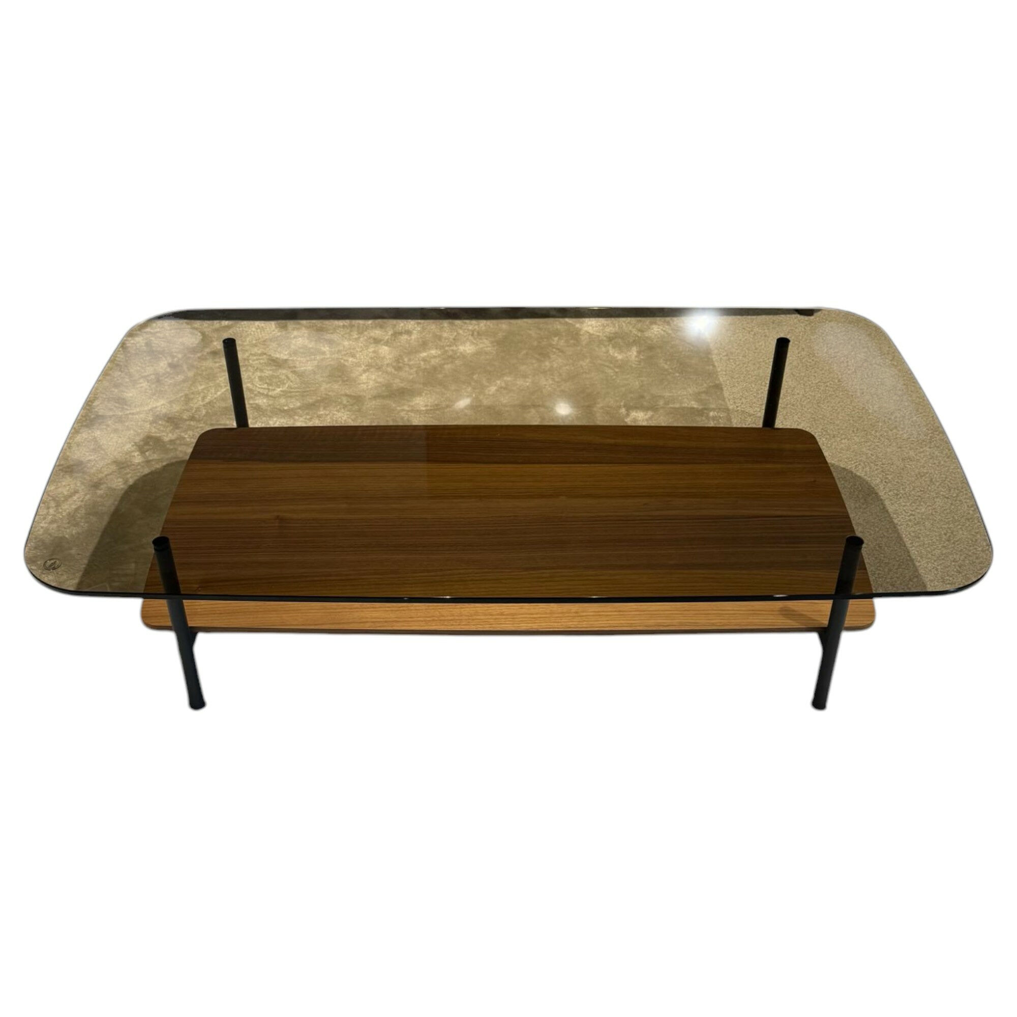 Ronald Schmitt Design - Couchtisch 8870 Platte Parsolglas Bronze Gestell Stahl RAL 7022 Schwarz Pulverbeschichtet Matt Ablage Nussbaum - 1