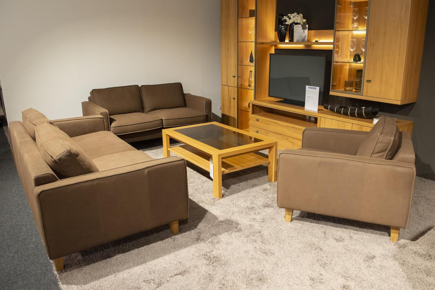 DFM - Upholstered suite Elian set of 3 leather W11 color chocolate feet oiled oak - 5