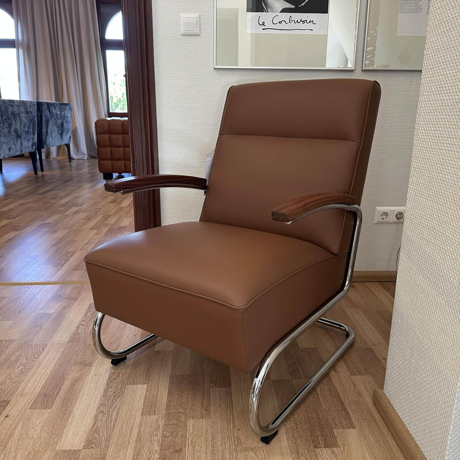Thonet - Sessel S 412 Leder Linea Marrone 608 Braun Gestell Stahlrohr Verchromt Armauflage Nussbaum Geölt - 3