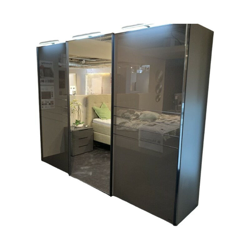Staud - Schwebetürenschrank Covelo Korpus Dekor Vulkan Anthrazit Front Glas Anthrazit Glänzend Mit Spiegel Inklusive Beleuchtung  - 1