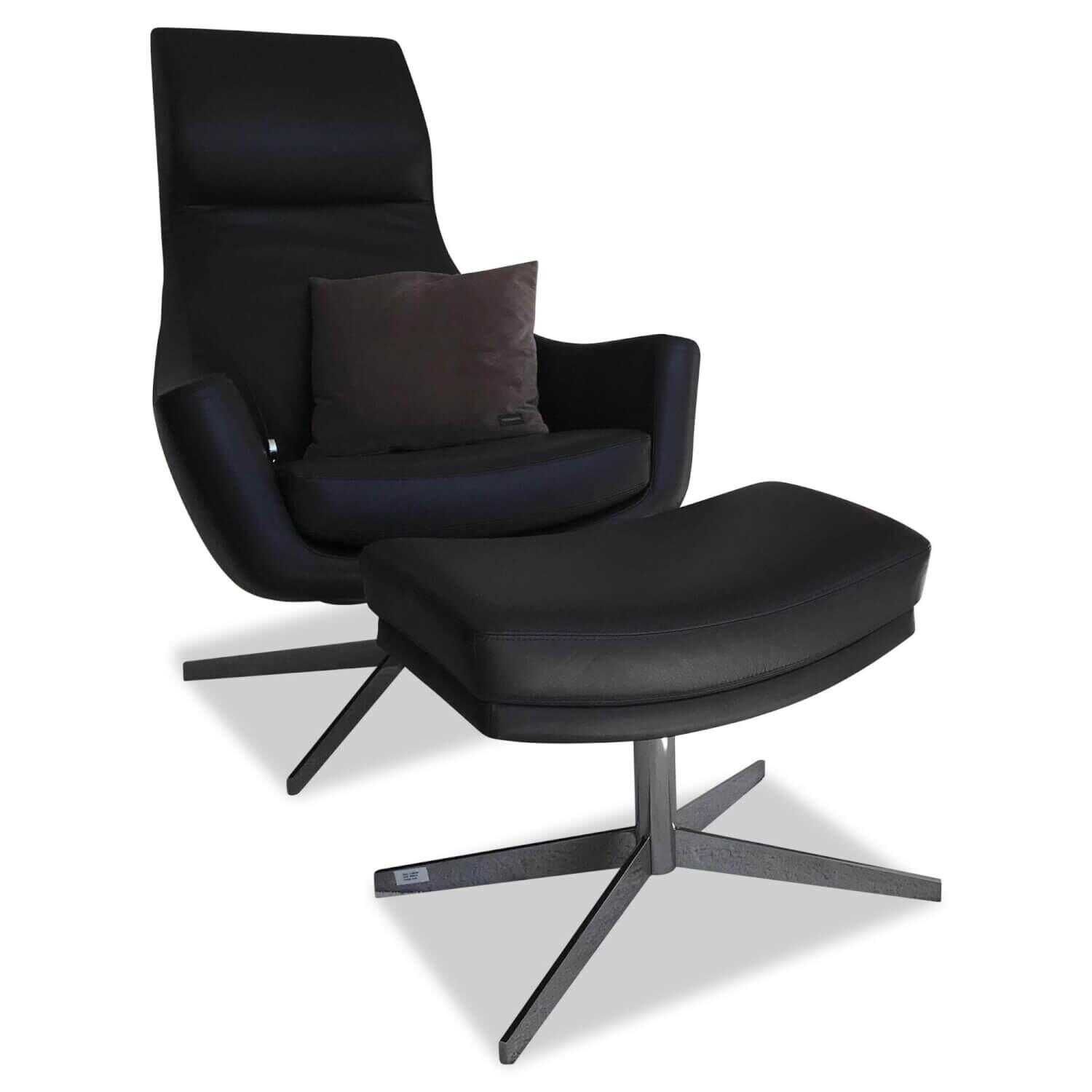 Bielefelder Werkstätten - Sessel Kent Leder 3 Negro Braun Gestell Verchromt mit Hocker - 1