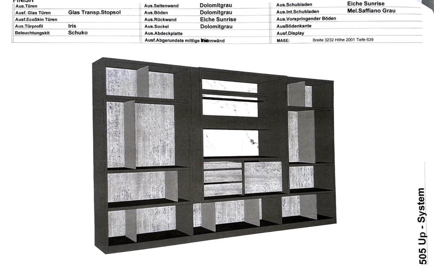 Schrank Systemwand 505 Up System Holz Dolomitgrau Glas Transparent Stopsol mit Beleuchtungskit Schuko