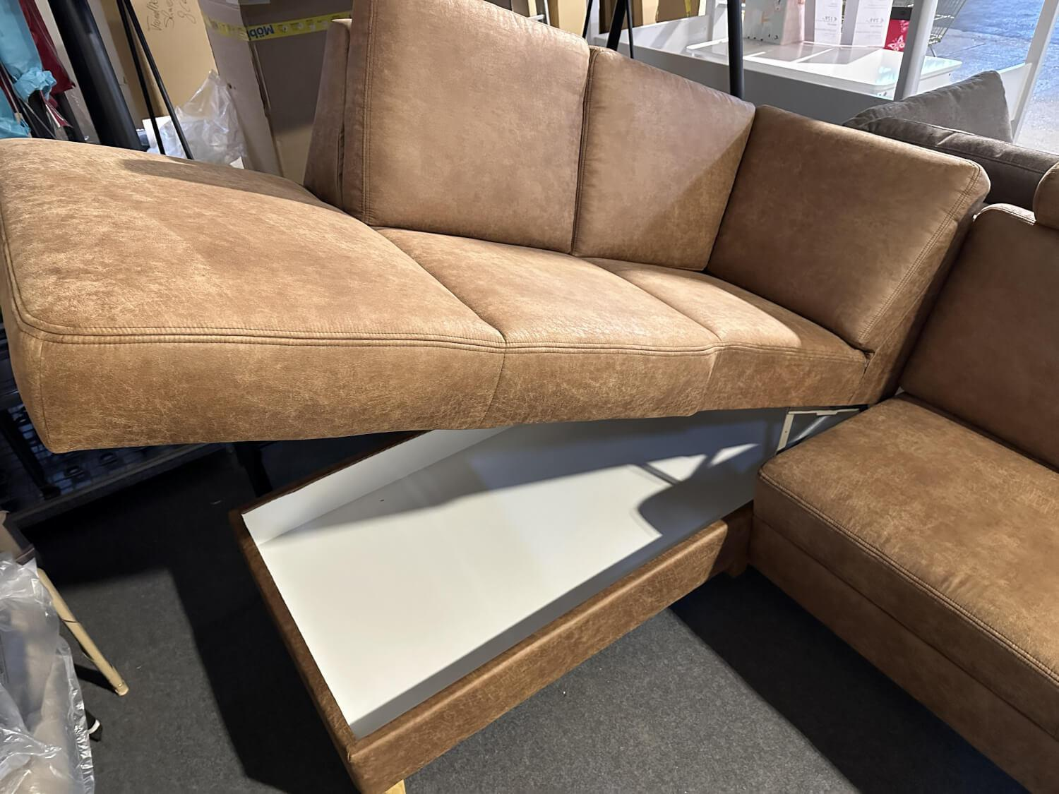 Pora - Ecksofa Florenz Bezug Leder Maniela Braun Füße Holz Mit Bettfunktion Und Bettkasten - 9