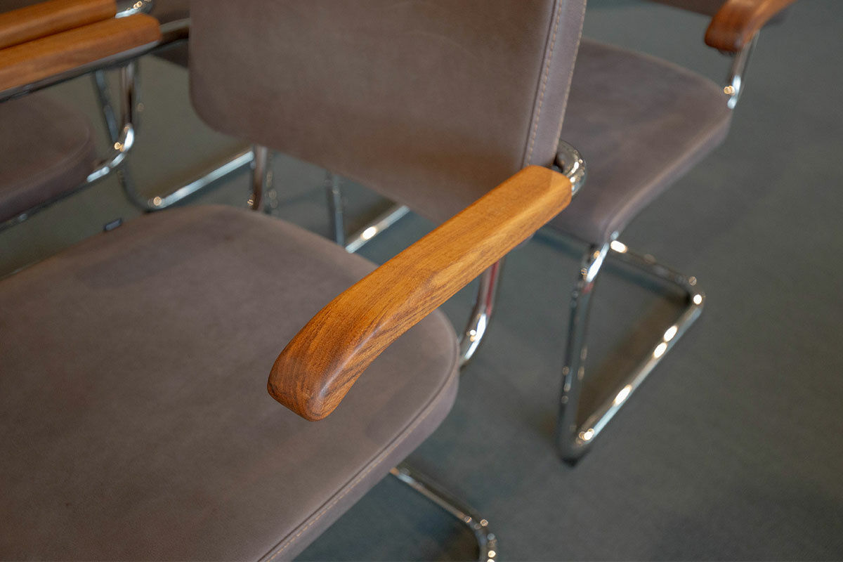 Thonet - 4er-Set S 64 PV Nubukleder Dunkelbraun Armauflage Nussbaum Geölt Gestell Chrom - 5