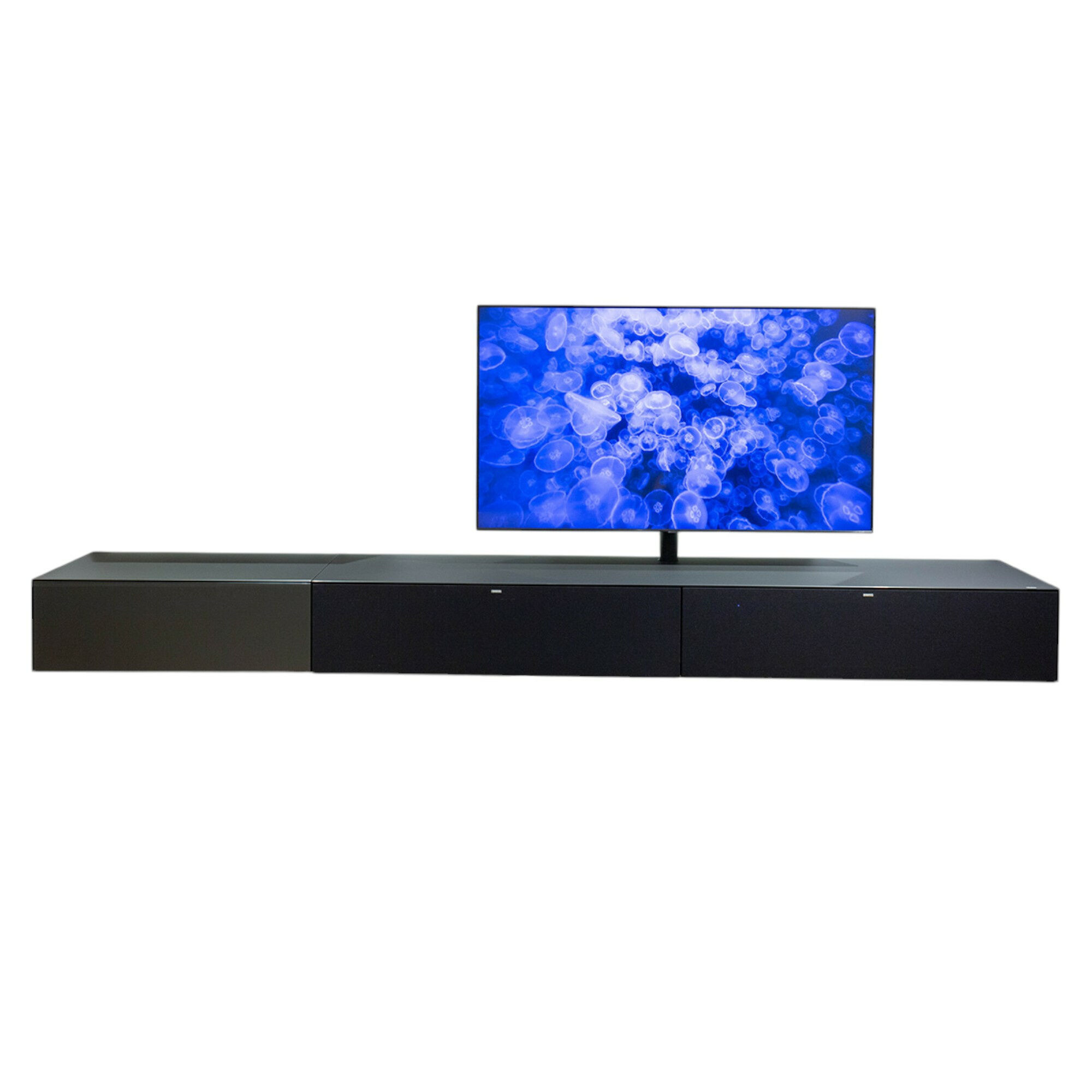 Spectral Smart Furniture - TV Board Ameno Colour Glas Granit Schwarz Grau Und Akustikstoff Fronten Mit Indirekte Beleuchtung Inklusive Medienpaket - 1