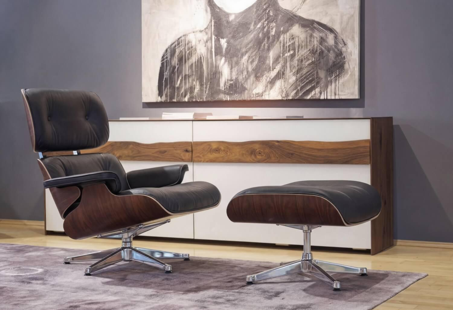 Vitra - Aktionspreis: Lounge Chair Sessel Leder Premium Schwarz Santos Palisander mit Ottoman Gestell komplett poliert neue Maße - 2