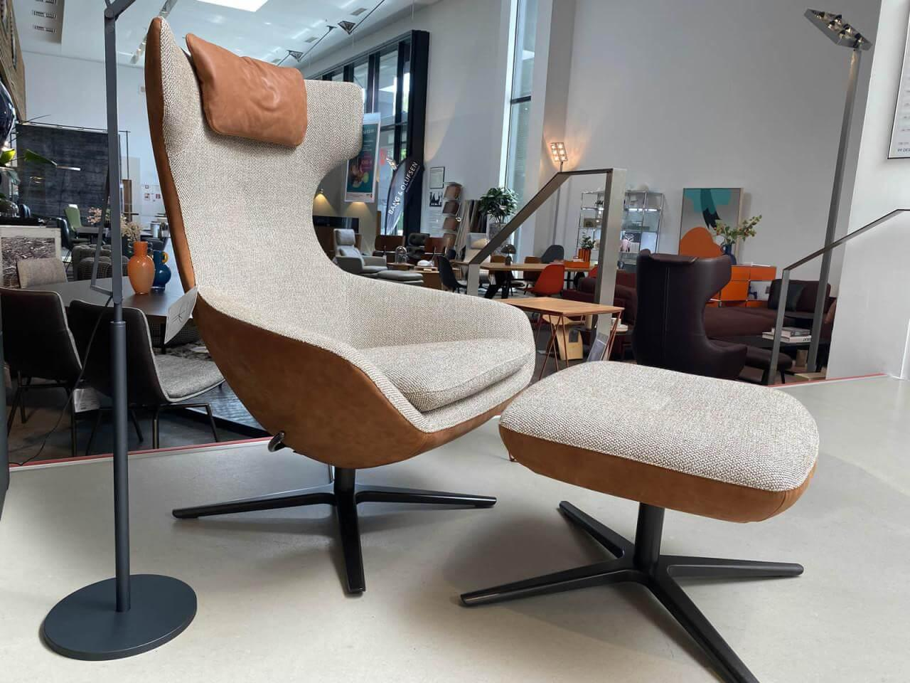 Leolux - Sessel Caruzzo Innen Stoff Sedge Grau Beige Außen Leder Mocha Braun Fuß Epoxy Nuit Silk Schwarz Inklusive Hocker - 5