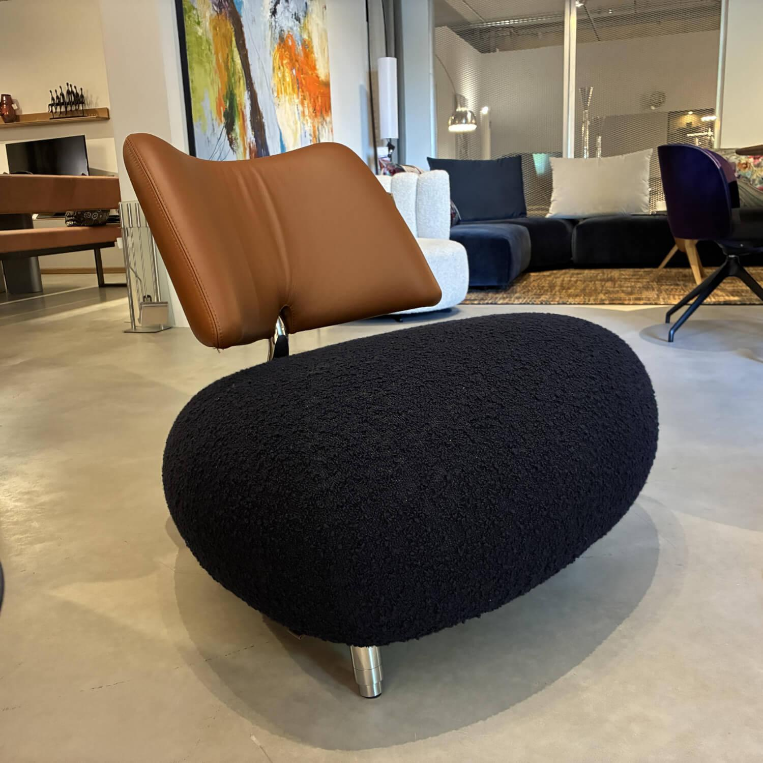Leolux - Sessel Pallone Sitz Stoff Robou 17 Midnight Blue Dunkelblau Rücken Leder Ceras 2620 Auburn Braun Füße Metall Chrom - 3