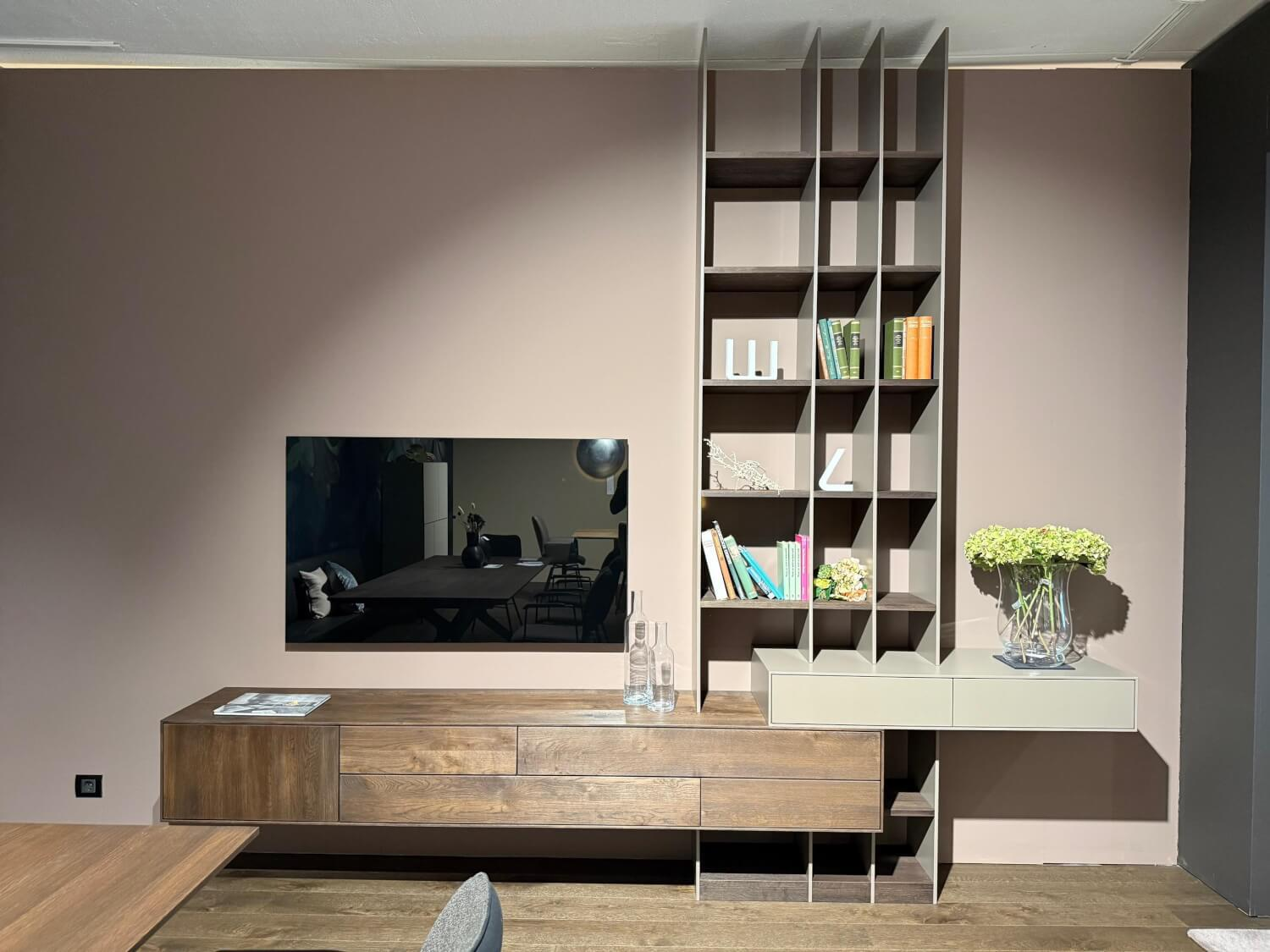 Anrei - Wohnwand Puro Asteiche Gebürstet Tabak Geölt Ladenelement Und Regal Lackiert Steingrau Grau Matt - 3
