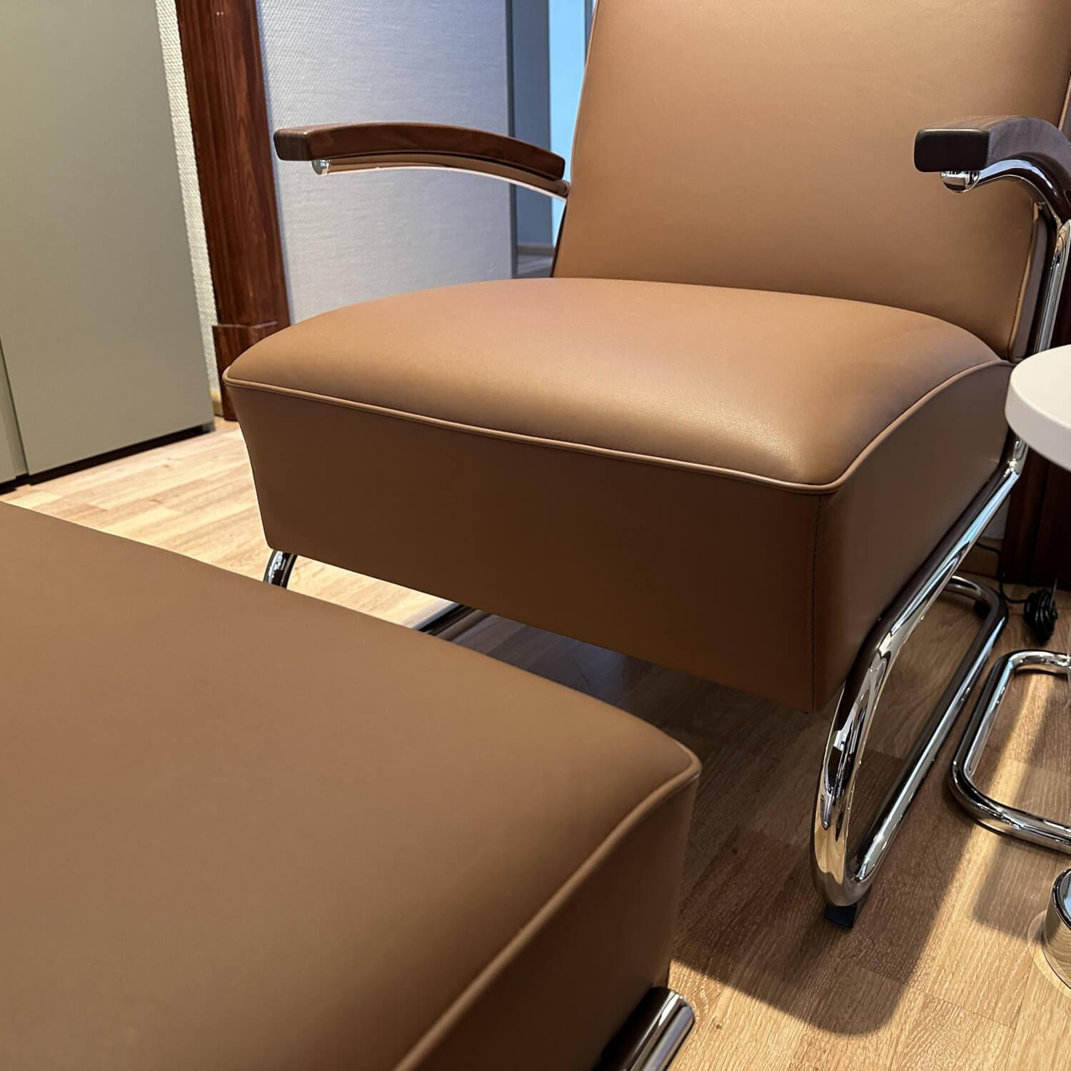 Thonet - Sessel S 411 Leder Linea 608 Marrone Braun Gestell Stahlrohr Verchromt Auflage Nussbaum Geölt Inkl. Hocker - 7