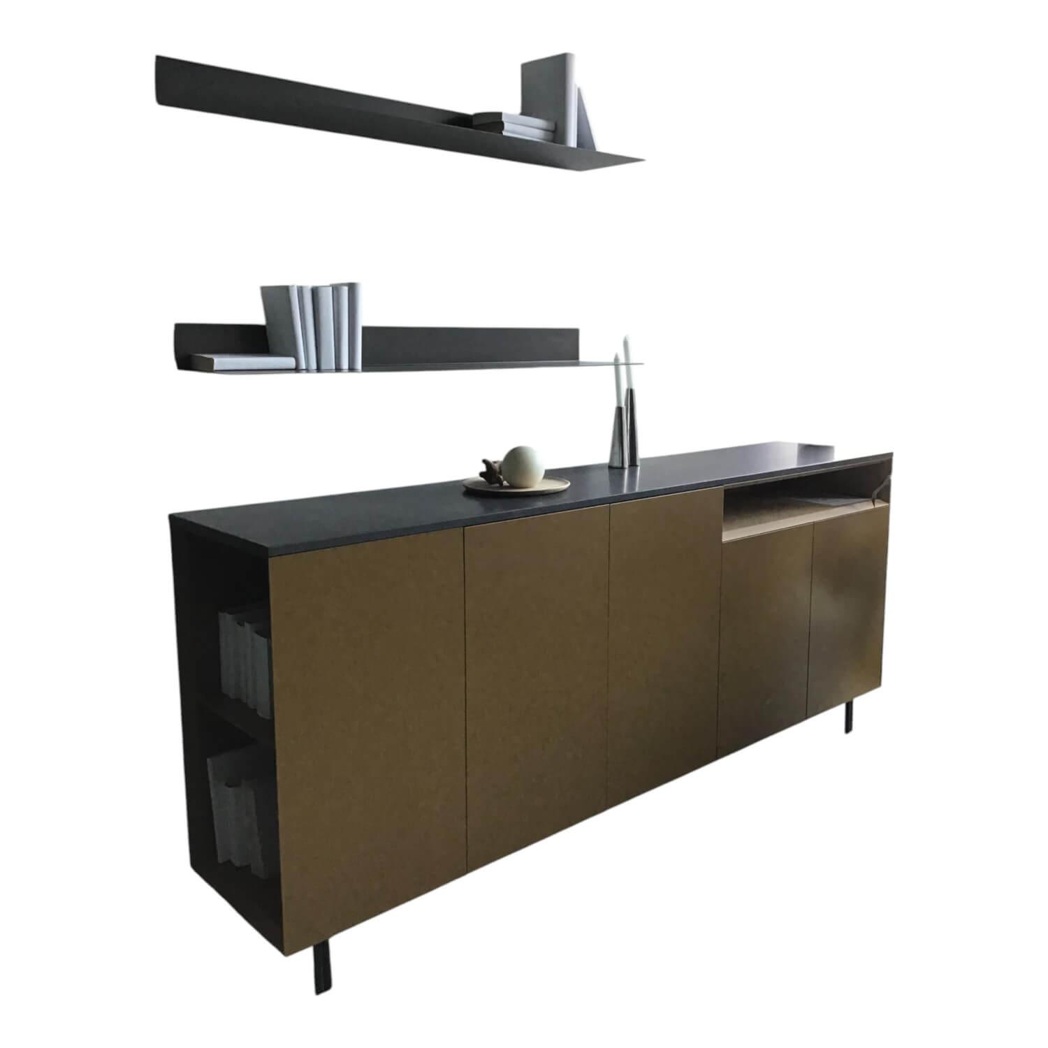 Novamobili - Sideboard Front Lack Matt Ambra Braun Deckplatte Marmor Pietra Schwarz Gestell Metall Brüniert Mit Konsolen Ellie Schwarz - 1