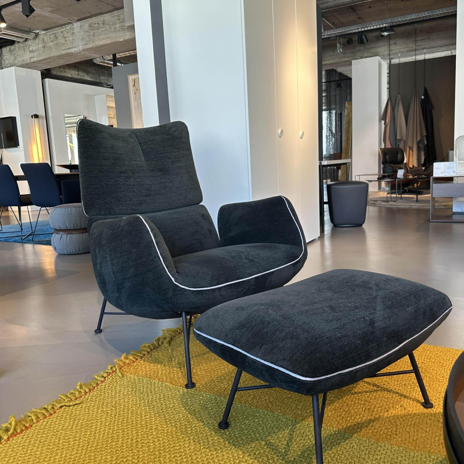COR - Loungesessel Jalis Niedrig Stoff 8144 Braun Grün Drahtgestell F01 Feinstruktur Schwarz Mit Hocker - 4