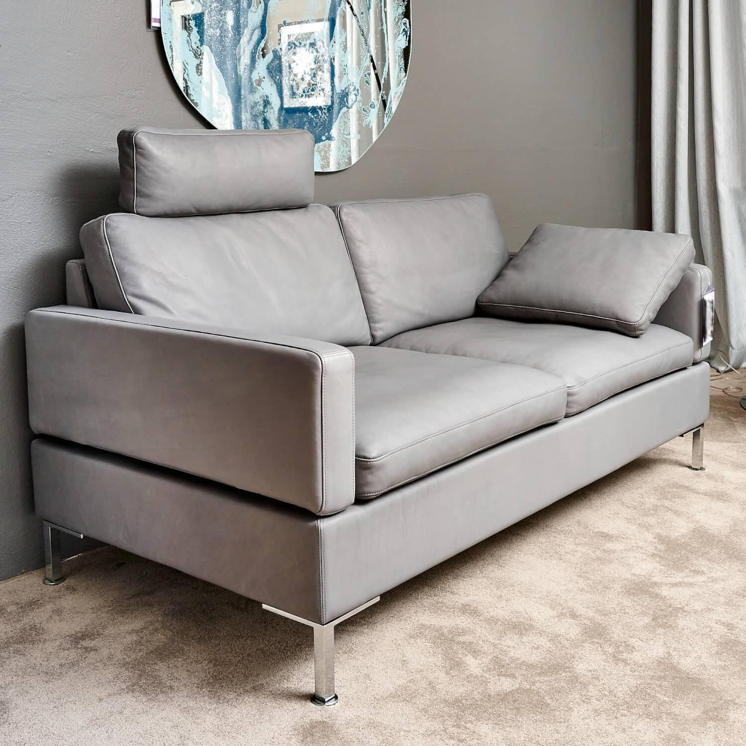 Brühl - Sofa Alba System M Leder 5707 Pearl 0095 Grau Winkelfuß Verchromt Mit Kopfstütze - 12