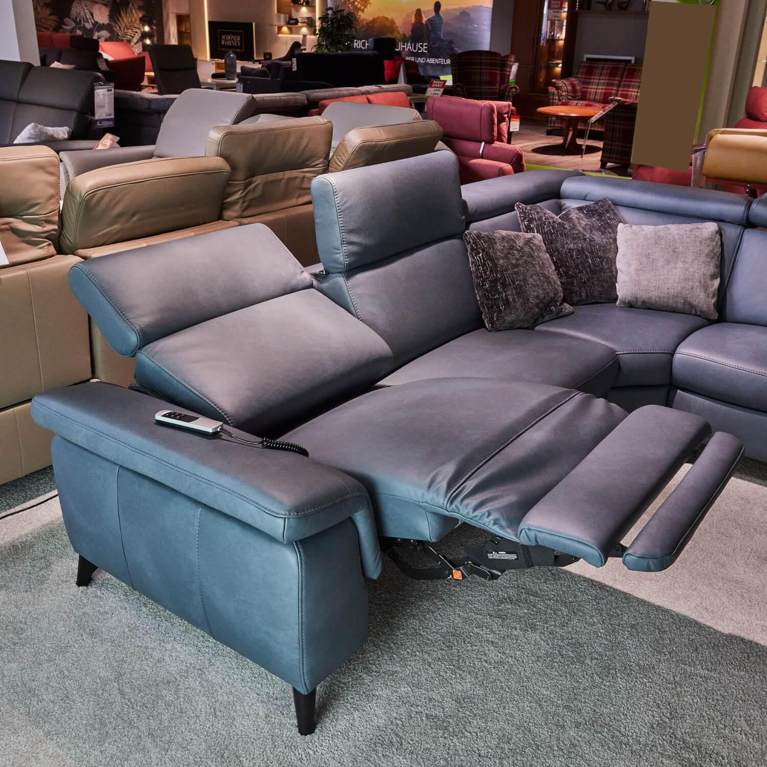 Steinpol - Eckgarnitur Relaxa 6.0 Plus Bezug Leder Longlife Evita Greyblue Füße Chrom Schwarz - 3