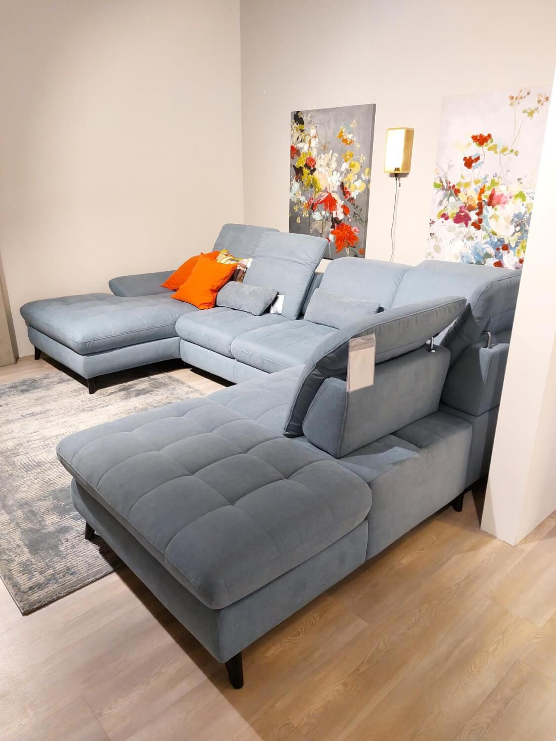 Steinpol - Ecksofa Trento Stoff Miranda Lightblue Blau Metallfuß Schwarz Mit 3 Nierenkissen - 2