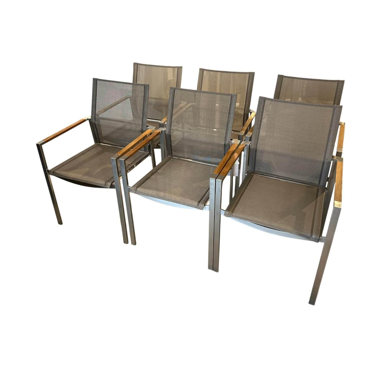 Barlow Tyrie - 6er Set Stapelstuhl Mercury Bespannung Sling Titanium Grau Gestell Edelstahl Mit Teakholz Armen - 1