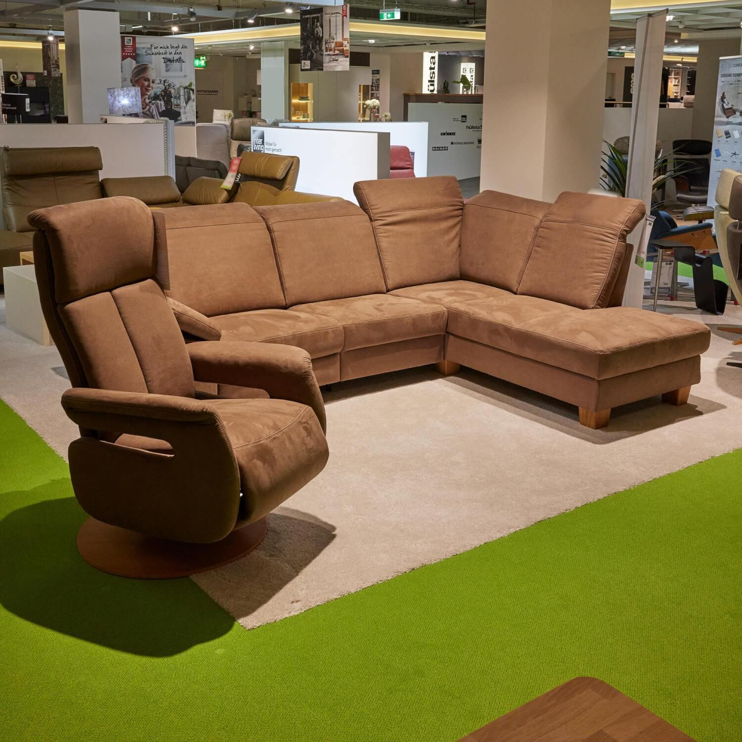 Modulmaster - Polstergruppe Eckgarnitur Menorca Comfort Stoff Maine Schoko 08143/18 Fuß Eiche Massiv Geölt Mit Relaxsessel RX 153 Dreamline Bezug 08143/18 Maine Schoko Tellerfuß Eiche Geölt - 4