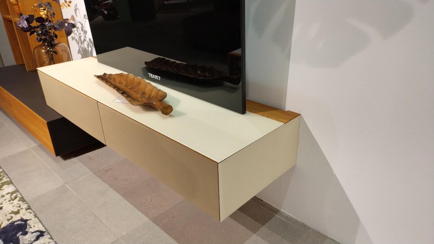 Mobilari - Wohnwand Cubus Pure Eiche Massiv Natur Geölt Glas Matt Dunkelbraun Und Sand Beige - 6