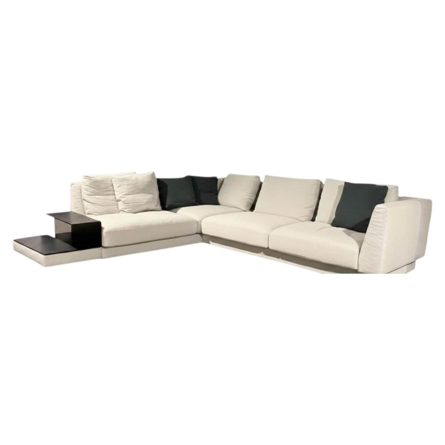 Walter Knoll - Sofa Grand Suite Stoff Lino Shadow 7707 Creme Ablage Leder Saddle Schwarz Sockel Buche Schwarz Lackiert - 1