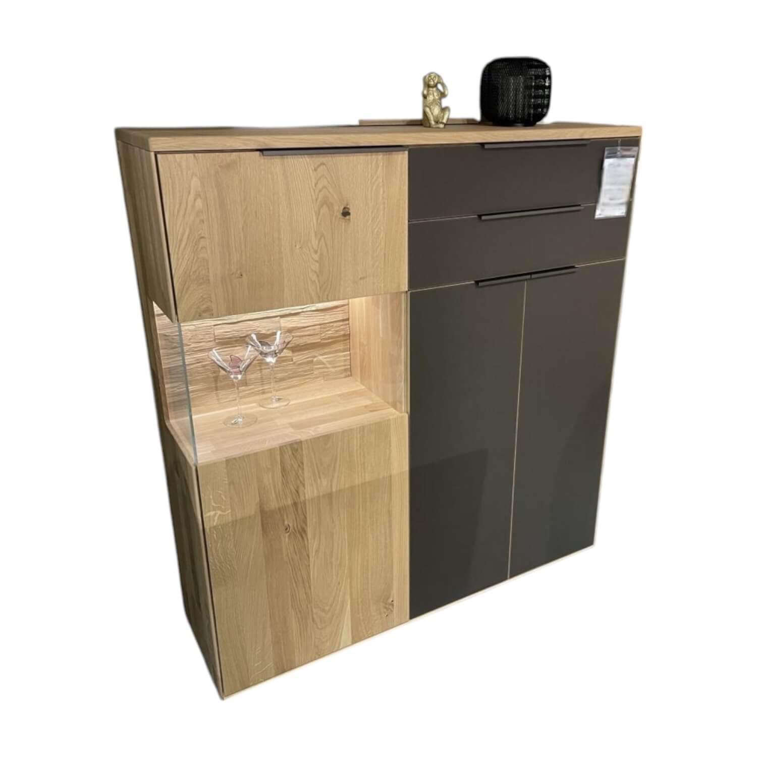 Wöstmann - Highboard 2009 Wildeiche Massiv Soft Gebürstet Absetzung Mattgals Cubanit Antharzit Braun Inklusive Beleuchtung - 1