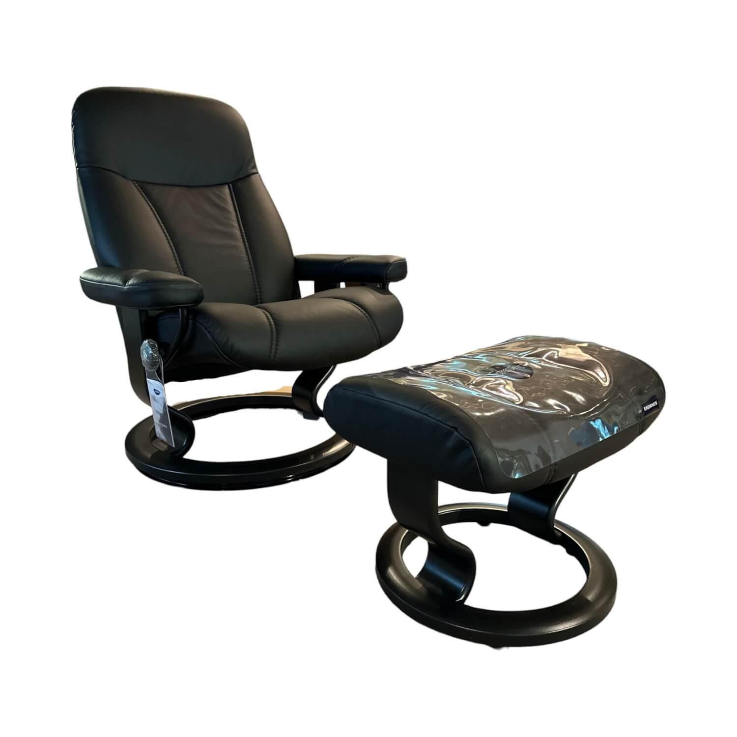 Stressless - Sessel Consul M Leder 093 Batick 19 Black Schwarz Gestell Classic Holz 05 Schwarz Gebeizt Mit Hocker - 1